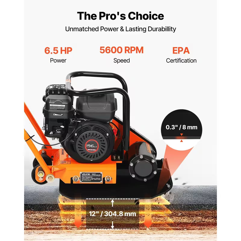 VEVOR Plate Compactor, 6.5 HP 196CC Gas Engine