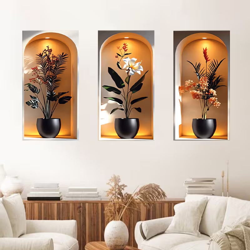 Green 1 Set of 3pcs 2D Flat Simulation Plant Simple Home Decoration Modern Elegant Wall Stickers
