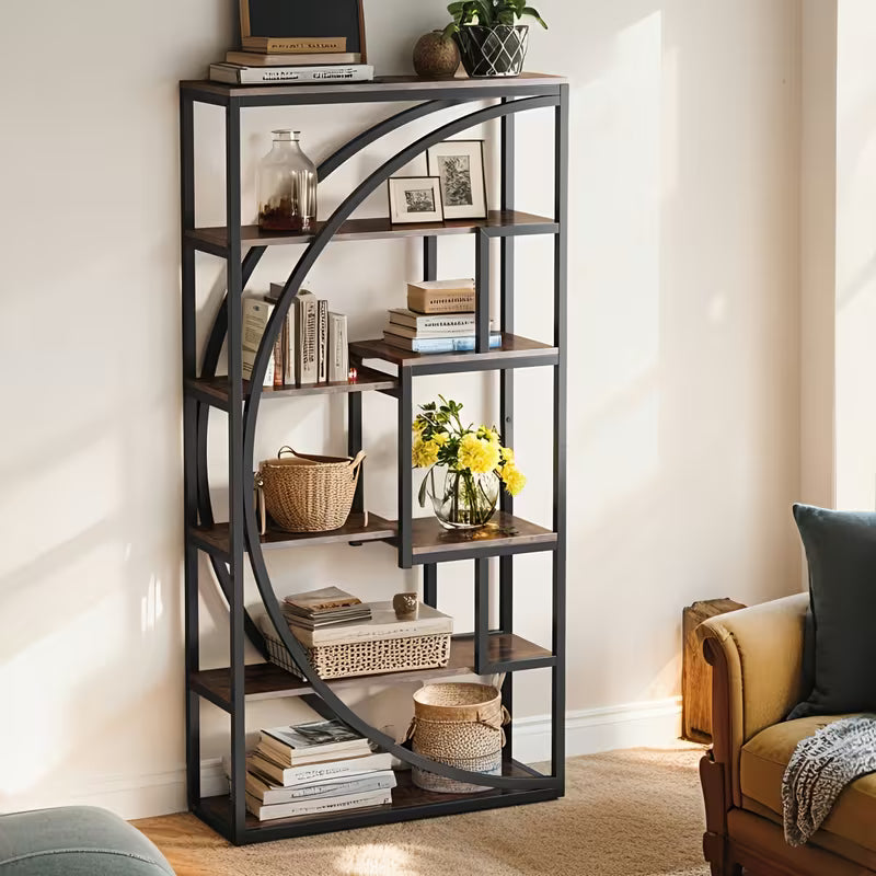 70.8" Rustic Brown Wooden Bookshelf - Industrial 5-Tier, Wooden, Brown
