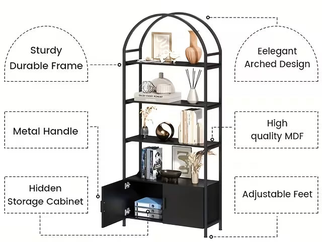 71" Industrial Arched Bookshelf with Doors - Sturdy Metal Frame