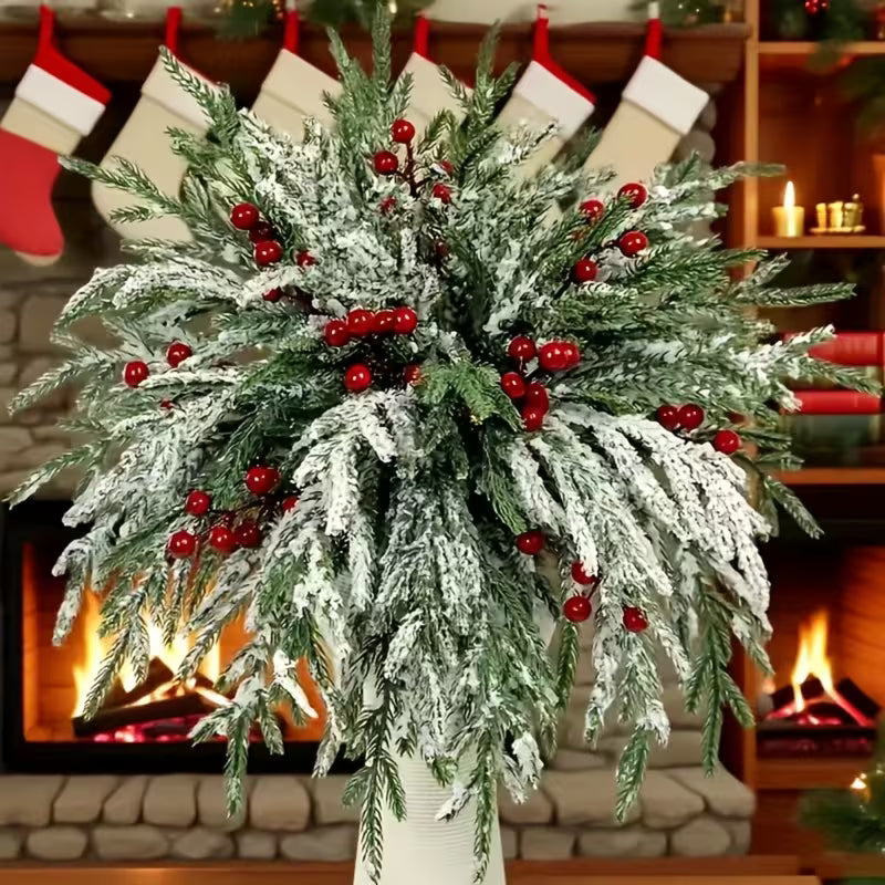 33 Realistic Norfolk Pine Branches with Red Berry Snowflakes
