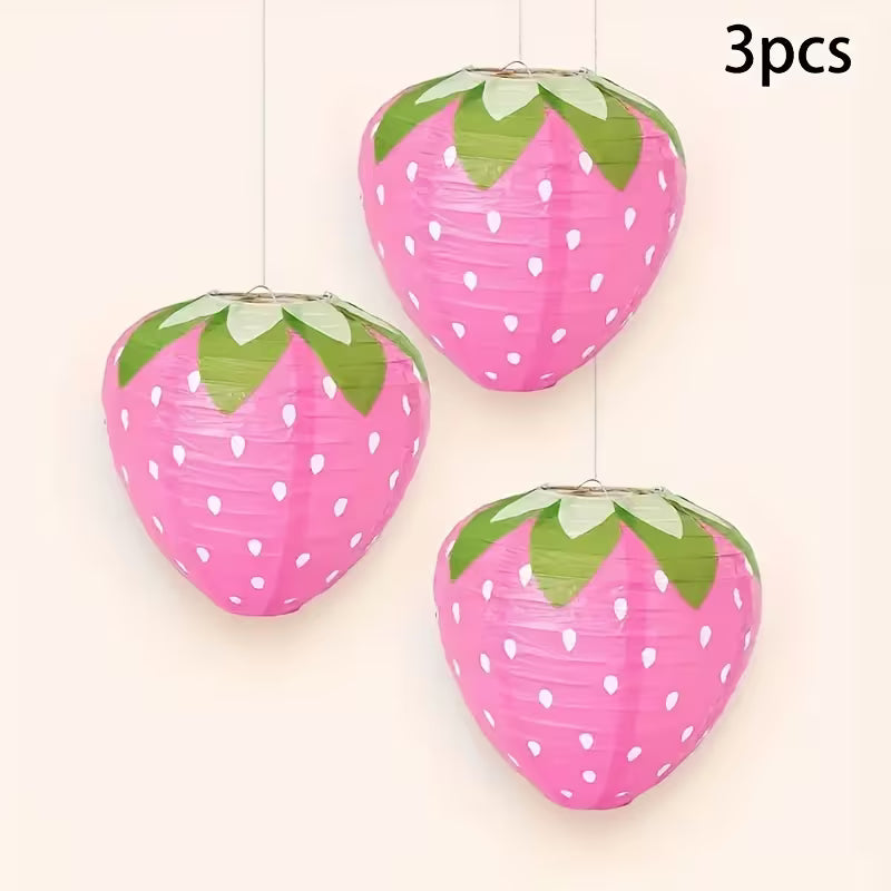 3pcs Strawberry Paper Lanterns, Festive Pink and Red Hanging Decorations