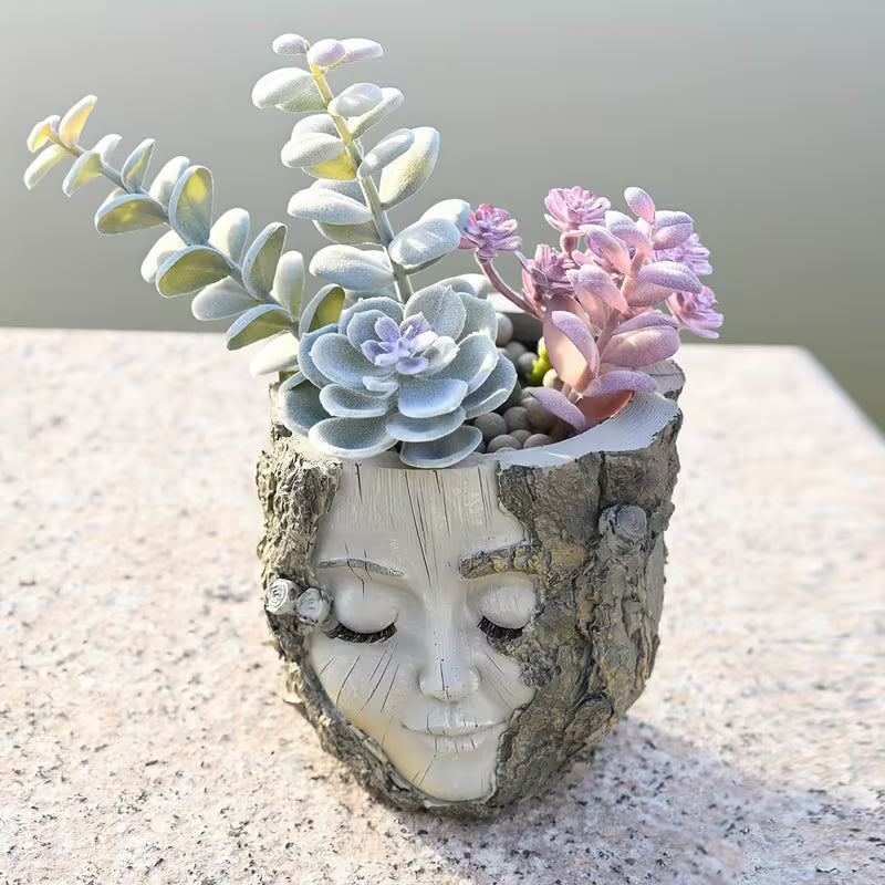 1pc Handcrafted Resin Girl Face Flower Pot - Rustic Wood Texture Design, Irregular Shape