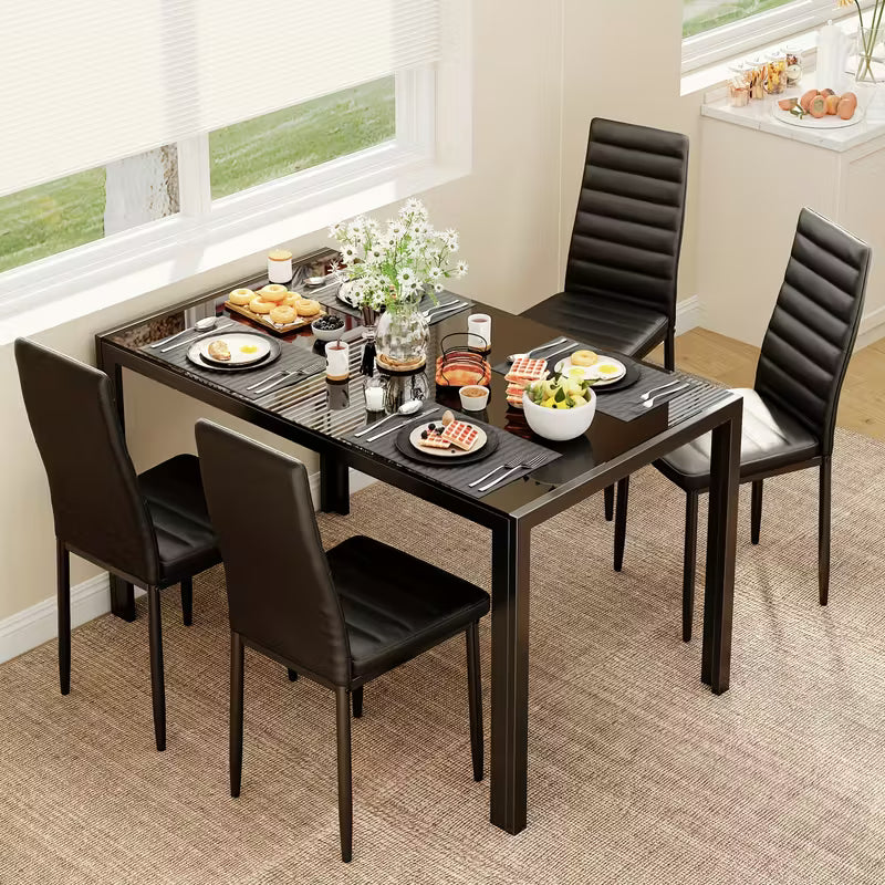 Asofer 5 - Piece Glass Top Dining Set, 5pcs Glass Dining Table Set, Chairs for 4