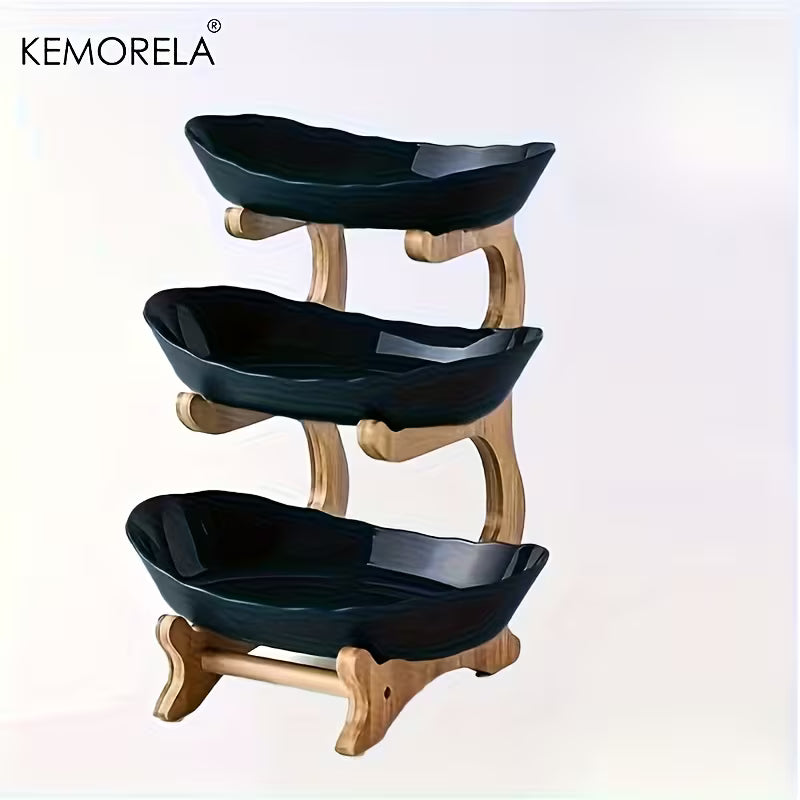 KEMORELA 3-Tier Wooden Fruit and Vegetable Basket with Wooden Legs - Versatile Kitchen