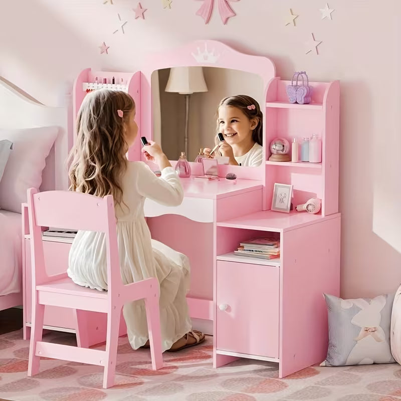 Elegant White 2-in-1 Kids Vanity Set: Storage Cabinet